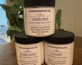 May include: Three jars of creamy body-face lotion with black lids. The labels read "Vanilla Bean", "Seaside Cotton", and "Lavender". Each jar lists ingredients and the size, 4 oz. The brand name "Handmadesbyhelenk/Etsy" is also visible.