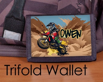 Boys wallet, Motocross Wallet, Boys BMX rider Wallet, Personalized wallet, Nylon Trifold Wallet, Custom wallet, Kids wallet, dirt bike