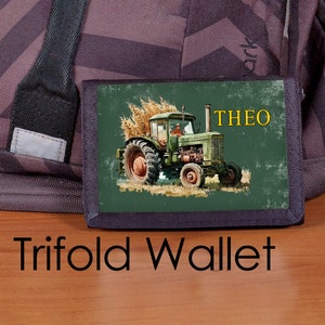 Monedero para niños, cartera personalizada, cartera tractor, cartera de nailon triple, tractor vintage, cartera para niños, cartera para niños