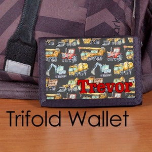 Cartera monograma, cartera tractor, cartera para niños, cartera personalizada, cartera triple de nailon, cartera para niños, cartera de construcción