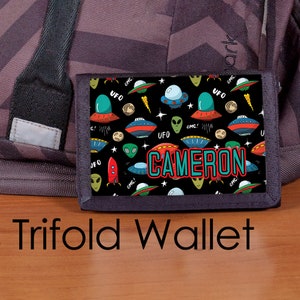 Boys Wallet, UFO Wallet, Personalized wallet, Nylon Trifold Wallet, Aliens, Space