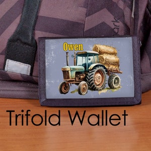 Monedero para niños, cartera personalizada, cartera tractor, cartera de nailon triple, tractor vintage, cartera para niños, cartera para niños