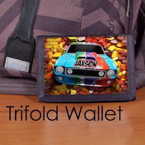 Cartera para niños, Cartera de coche de carreras, Cartera personalizada, Cartera triple de nailon, Cartera de carreras, Cartera de coche de serie, Coches de carreras, Carreras