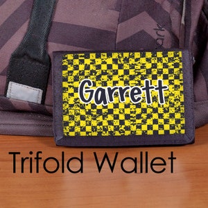 Custom Personalized Boys Trifold Nylon Wallet Personalized for Kids Teens Checkered Skater Grunge Design BOYS WALLET