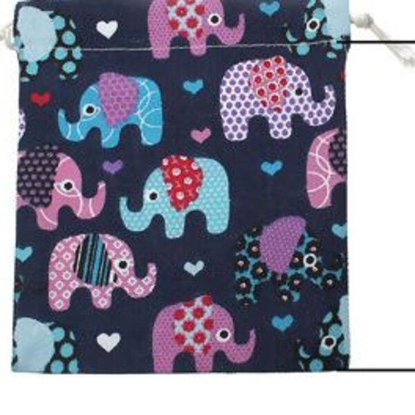 Cotton & Linen Jewelry Bags Drawstring Rectangle Deep Blue Elephant Pattern - 6 2/8" x 5 4/8"