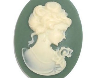 Resin Embellishments Findings Oval Green Beauty Lady Pattern Cameo - 1 4/8" x 1 1/8" - Pack Of 10