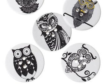 Wood Sewing Buttons Scrapbooking 4 Holes Round At Random Owl Pattern - 1 1/8" Dia - Pack Of 15