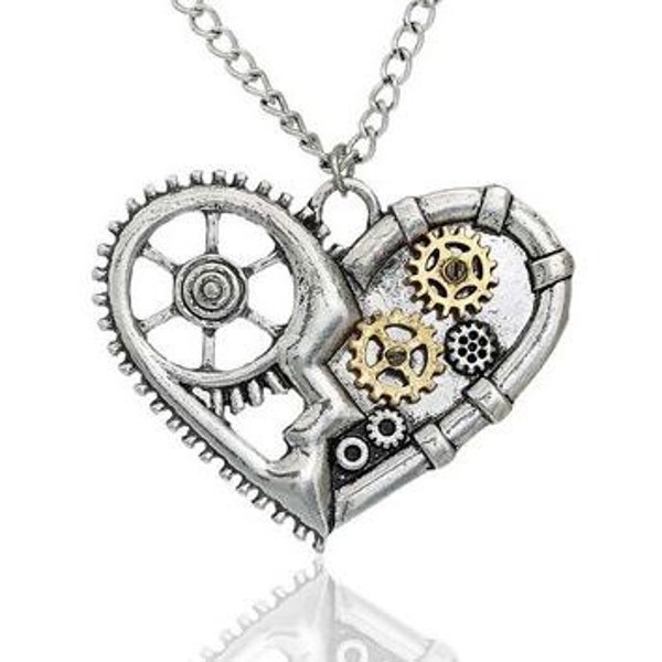 Steampunk Necklace Link Curb Chain Antique Silver Heart Gear Pendant - 22 4/8" long