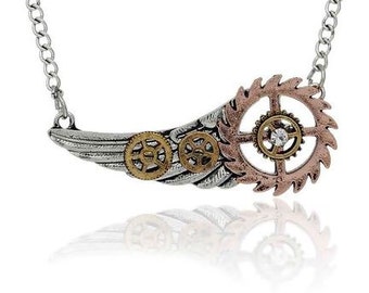 New Fashion Steampunk Necklace Link Curb Chain Antique Silver Wing Gear Pendant With Clear Rhinestone - 25" long