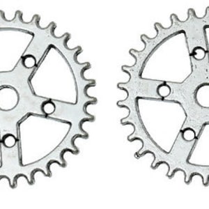 May include: Two silver metal gears with a five-pointed star design and a circular hole in the center.