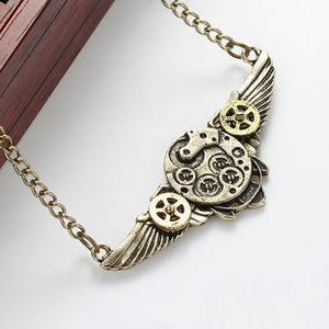 Steampunk Necklace Link Curb Chain Antique Bronze Wing Gear Connector - 25 2/8&quot; long