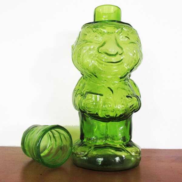 Jolly Mountaineer Indiana Glass Green Whiskey Decanter with Shot Glass