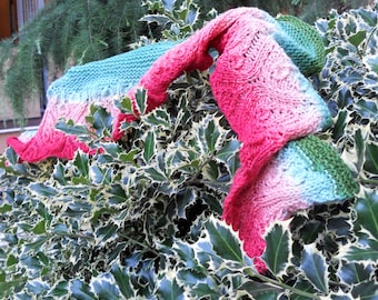 crescent scarf shawlette wool "CHRISTMAS BERRIES" red green Xmas winter festive winter holidays