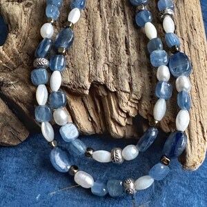 Long Kyanite Pearl Necklace that Converts to Wrap Bracelet, Beautiful Gift for Her