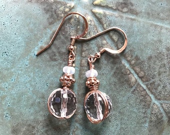 Rose Gold Wire-wrapped Earrings with Moonstones + Quartz, Rock Crystal Dangle Earrings