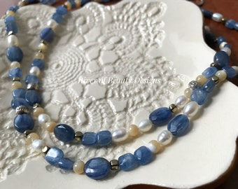 Long Kyanite Necklace with Freshwater Pearls, Pyrite & Sterling Silver, 36 Inch Necklace