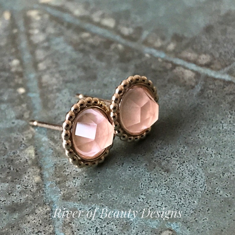 6mm Rose Quartz Studs in Gold-Filled Settings, Rose-Cut Gemstone Earrings, Gift for Young Woman image 4