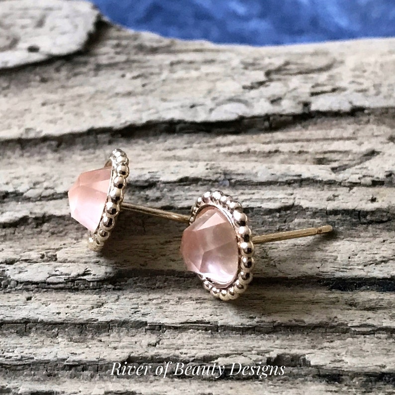 6mm Rose Quartz Studs in Gold-Filled Settings, Rose-Cut Gemstone Earrings, Gift for Young Woman image 2