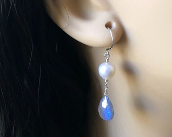 White Pearl Sterling Silver Earrings with Blue Flash Labradorite Drops