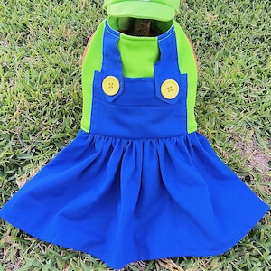 Luigi inspired Halloween dog/cat dress, Mario bros, pet Apparel, Mario cap, princess peach