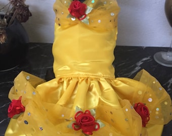 Princess Belle inspired dog Costume Dress: Yellow Satin Tutu, Red flowers