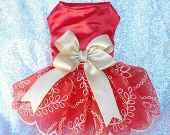 Red Organza Dog Tutu Dress: Champagne Embroidery, Wedding Pet Apparel