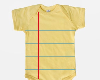 Notebook Paper Graphic© Baby Bodysuit in Yellow - Fun and Unique Back to School Gift for Babies. Makes a fun photo shoot prop.