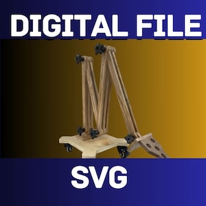 May include: A digital file for a wooden articulated arm with wheels. The arm is made of wood and has black metal joints. The arm is on a wooden base with wheels. The file is in SVG format. DIGITAL FILE SVG