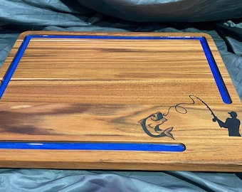 Teak Fishing Cutting Board: Epoxy River, Fisherman & Bass Design