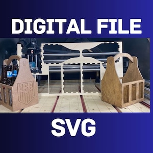 May include: A digital file for a CNC beer caddy. The image shows a wooden beer caddy with the text "USA" on the front, along with other wooden cutouts. The words "DIGITAL FILE" and "SVG" are also displayed.