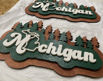 Michigan State Outdoors Script Fall Camping Sign featuring Bigfoot