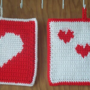 Crocheted Valentine Heart Pot Holders / Hot Pads - Set of 2 Red & White