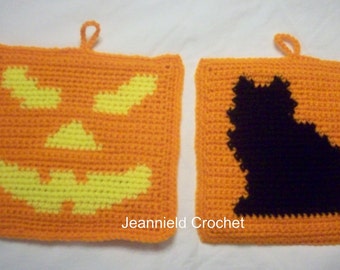 Crocheted doble grueso Halloween Pot Holders / Hot Pads - Set de 2 Gato Negro / Calabaza
