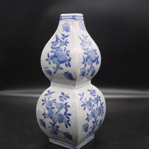 Vintage Chinoiserie Double Gourd Blue Floral Crackle Glazed Vase by Ashley Belle