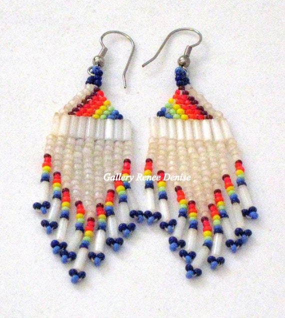 Rainbow Dangle Earrings Beaded Long Western Native