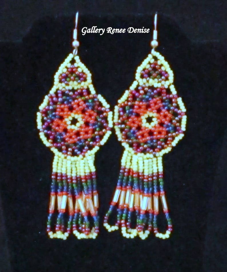Dream Catcher Earrings Western Native American Long Seed Bead Earrings Vintage Sea Green Orange Red Blue White BDE106