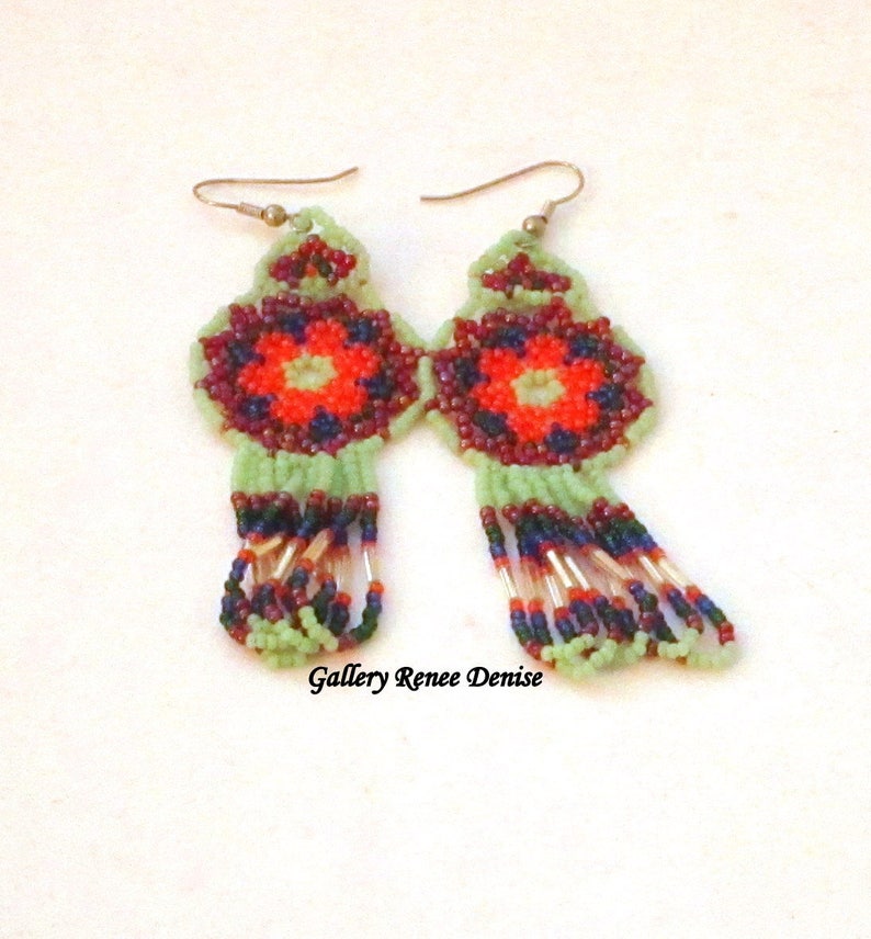 Dream Catcher Earrings Western Native American Long Seed Bead Earrings Vintage Sea Green Orange Red Blue White BDE106