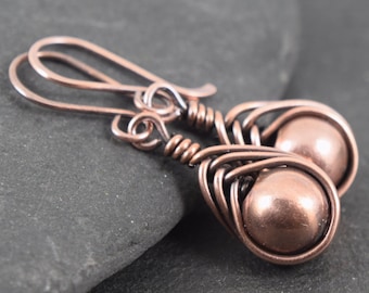 Copper Bead Wire Wrapped Earrings | Beaded Earrings | Antiqued Copper Earrings