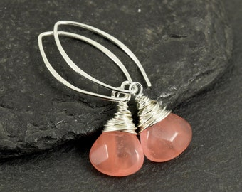 Faceted Pink Cherry Quartz Briolette Sterling Silver Wire Wrapped Earrings | Long Earrings | Tear Drop Gemstone Earrings