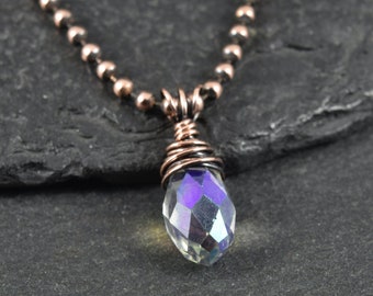 Faceted Teardrop Glass Bead Necklace | Clear Crystal Glass Drop Pendant | Copper Wire Wrapped Necklace | Sparkly Dainty Pendant