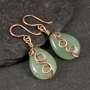 Wire Wrapped Earrings with Light Green Aventurine Gemstone Beads | Bohemian Beaded Earrings | Teardrop Earrings