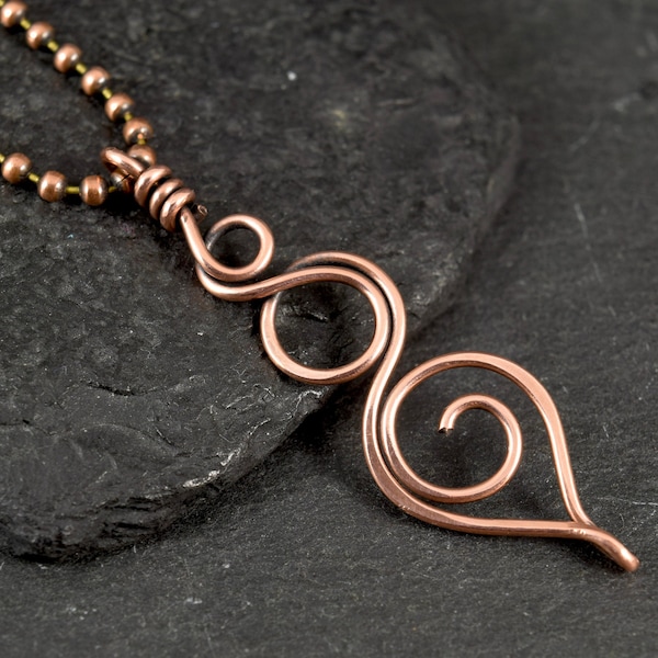 Copper Wire Wrap Spiral Necklace | Teardrop Pendant | Long Necklace | Copper Wire Wrapped Pendant | Boho Pendant