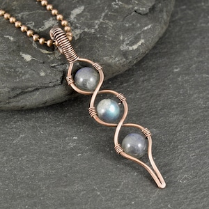 Long Wire Wrapped Copper Pendant Featuring Iridescent Grey Labradorite Gemstone Beads on a Copper Ball Chain | Gemstone Necklace