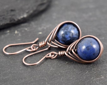 Blue Sunset Dumortierite Gemstone Bead Wire Wrapped Earrings, Beaded Earrings, Oxidised Copper Earrings