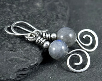 Labradorite Bead Spiral Sterling Silver Earrings | Wire Wrap 925 Silver Earrings | Long Earrings