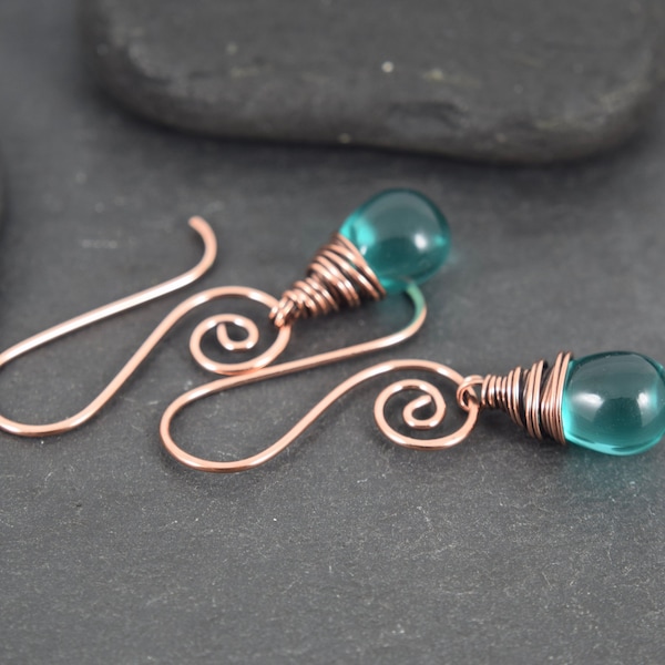 Teal Czech Glass Drop Bead Wire Wrapped Earrings, Beaded Earrings, Spiral Earrings, Oxidised Copper Earrings