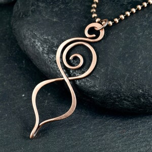 Copper Wire Wrap Spiral Necklace | Teardrop Pendant | Long Necklace | Copper Wire Wrapped Pendant | Hammered Wire Pendant