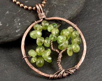 Tree of Life Pendant Featuring Green Peridot Chip Beads | Boho Pendant | Boho Necklace | Copper Wire Wrapped Pendant