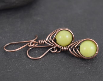 Lemon Jasper Semi Precious Bead Wire Wrapped Earrings, Beaded Earrings, Antique Copper Earrings