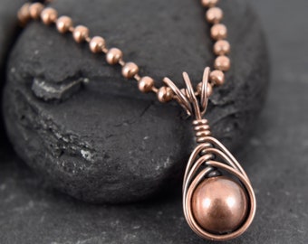 Copper Bead Wire Wrapped Beaded Copper Drop Necklace on a Copper Ball Chain | Copper Pendant